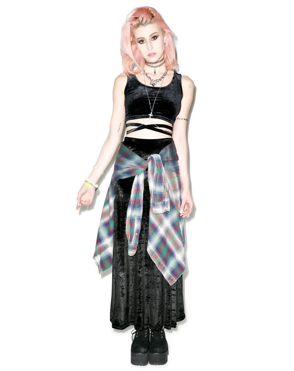 Velvet Double Cross Crop Top - Dark Gray