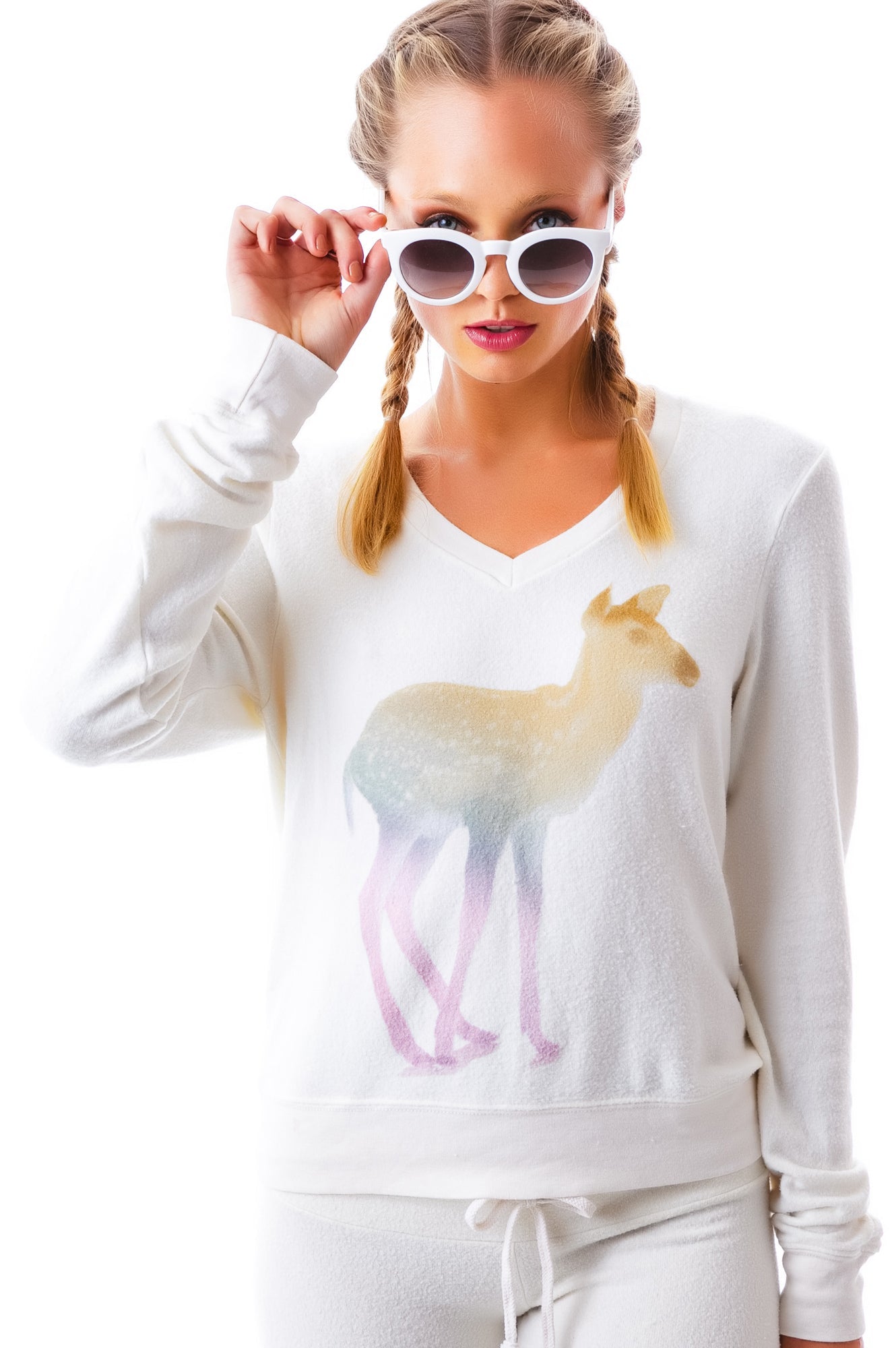 Rainbow Fawn Vintage Varsity Baggy Beach V Neck - White