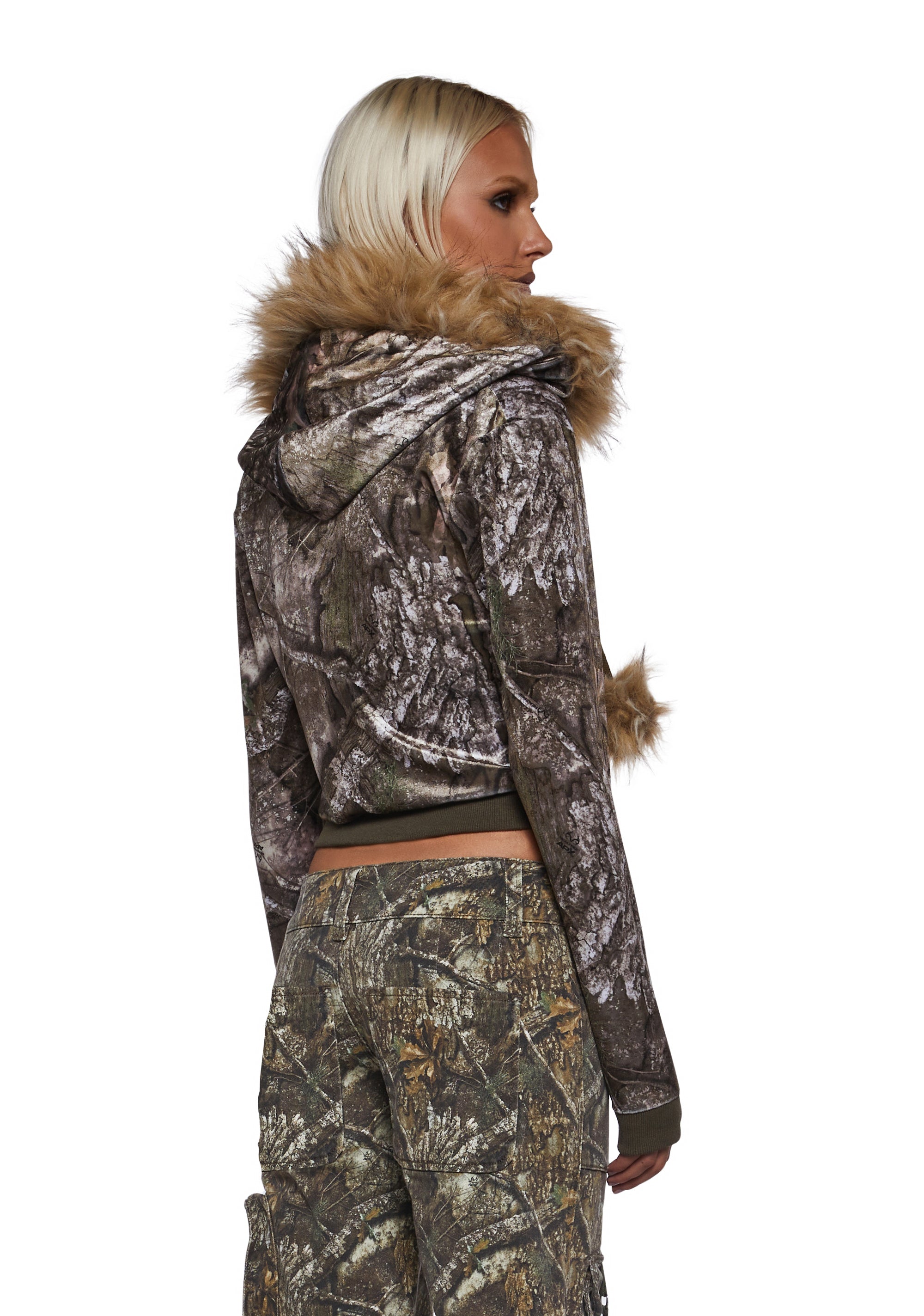 Camo Velour Hoodie With Faux Fur Trim