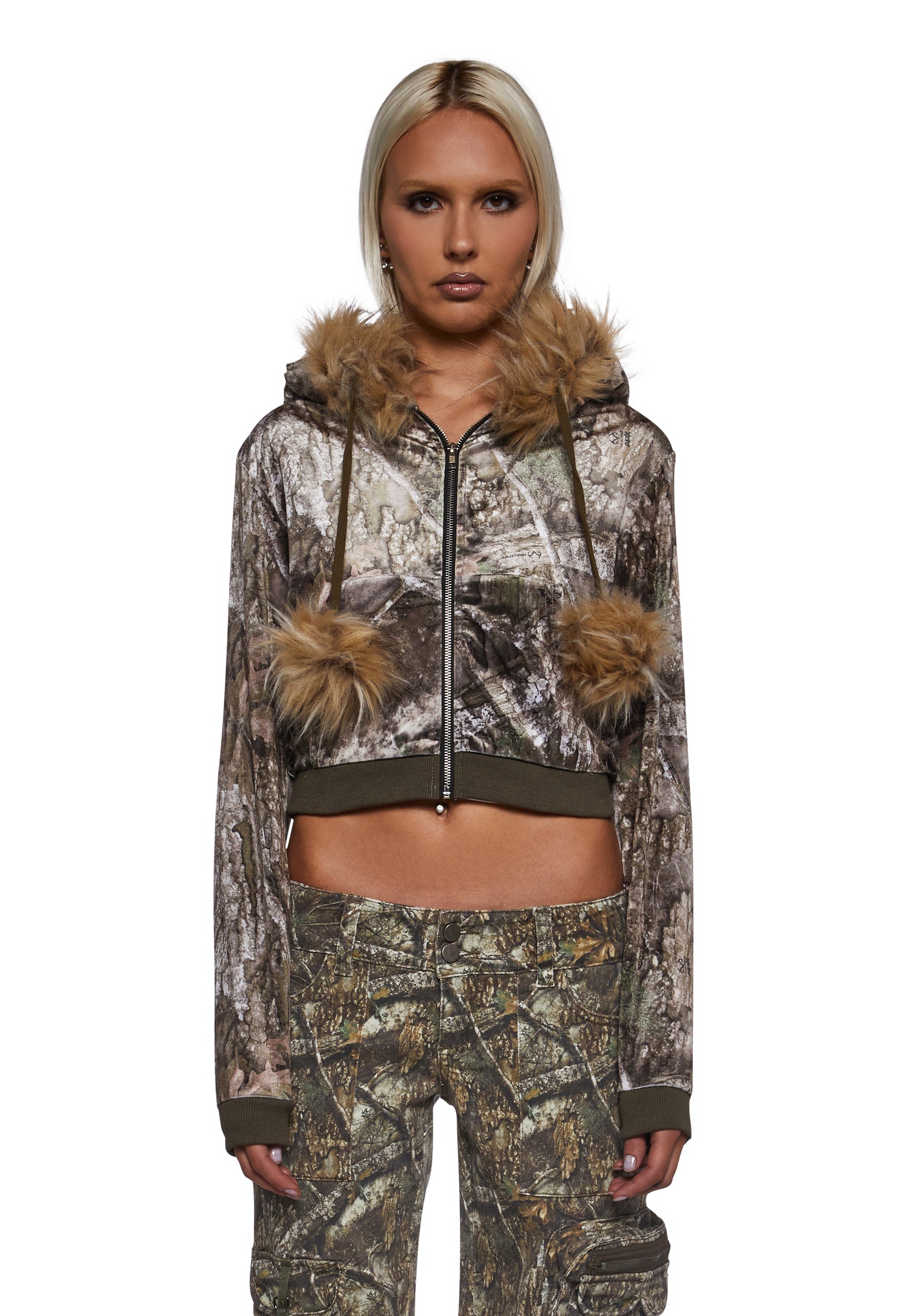Camo Velour Hoodie With Faux Fur Trim