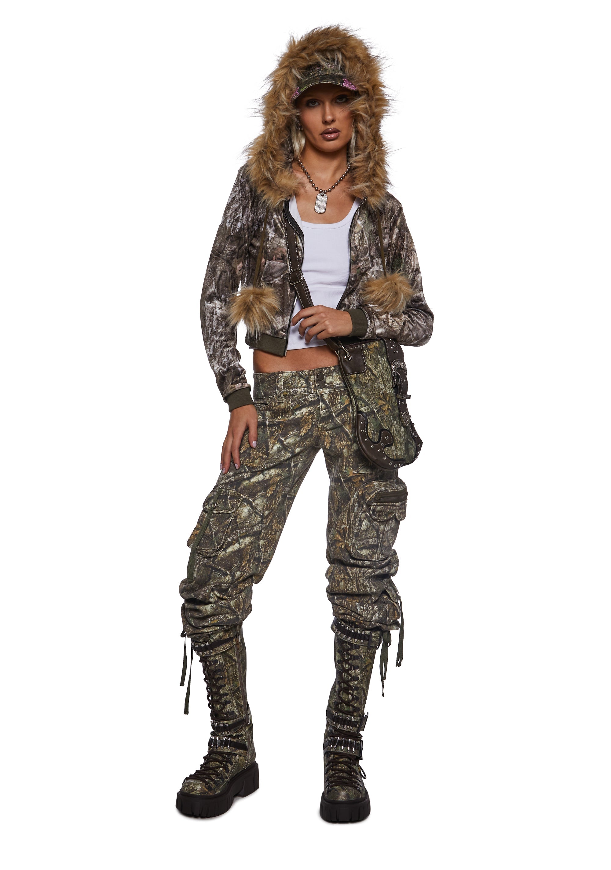 Camo Velour Hoodie With Faux Fur Trim