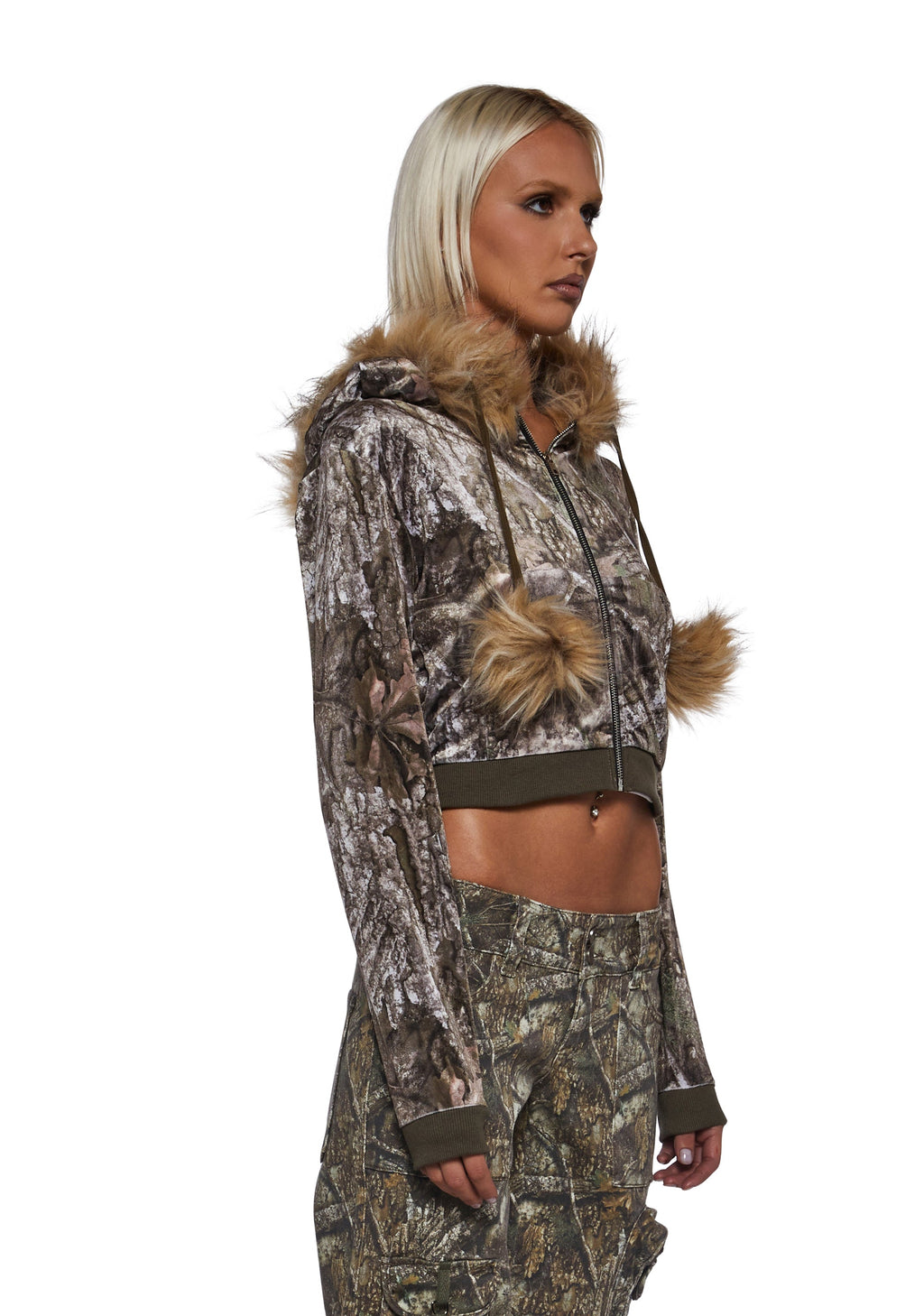 Camo Velour Hoodie With Faux Fur Trim