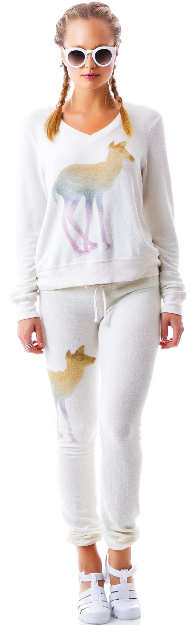 Rainbow Fawn Vintage Varsity Baggy Beach V Neck - White