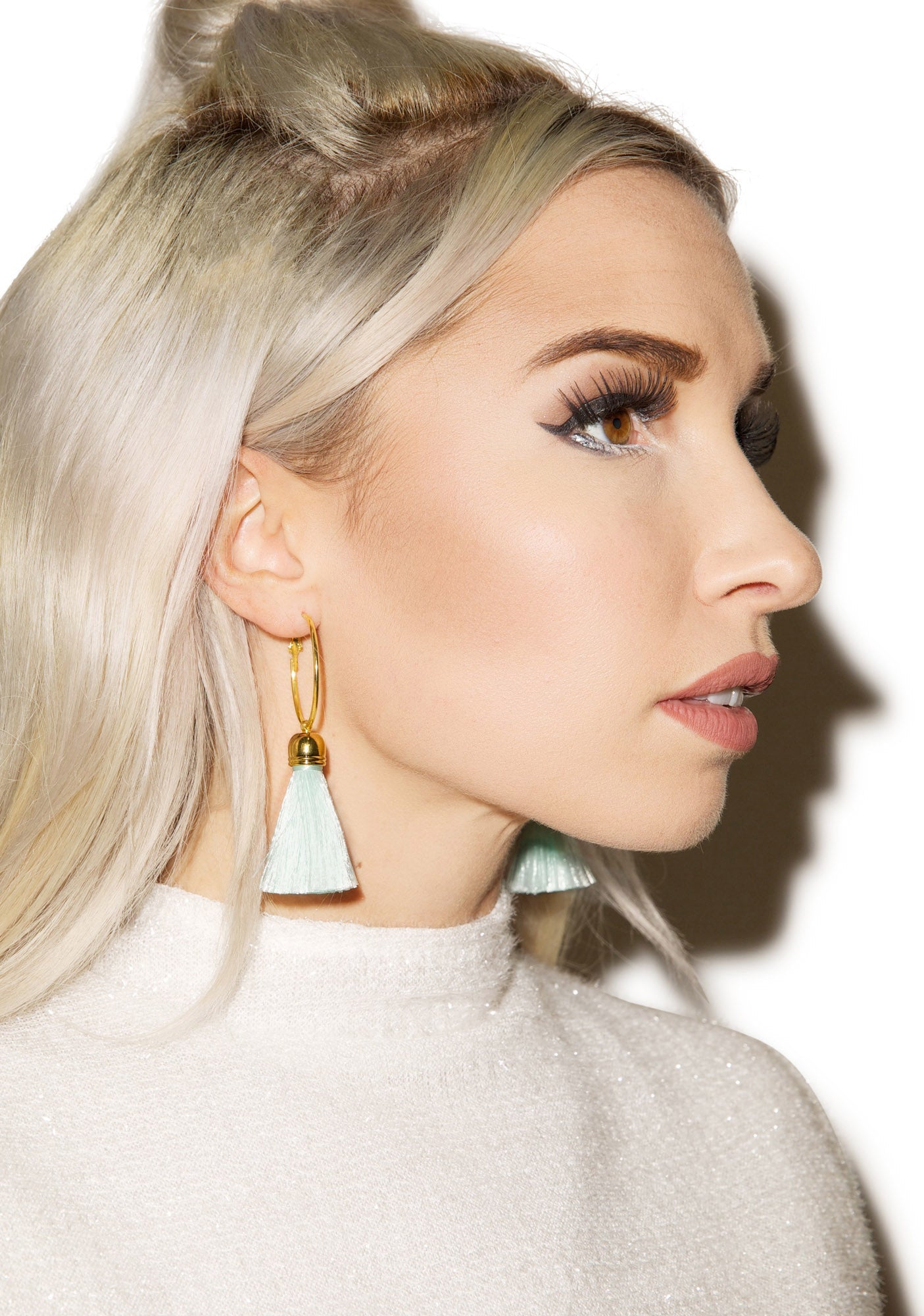 Harper Hoop Tassel Earrings - Light Blue