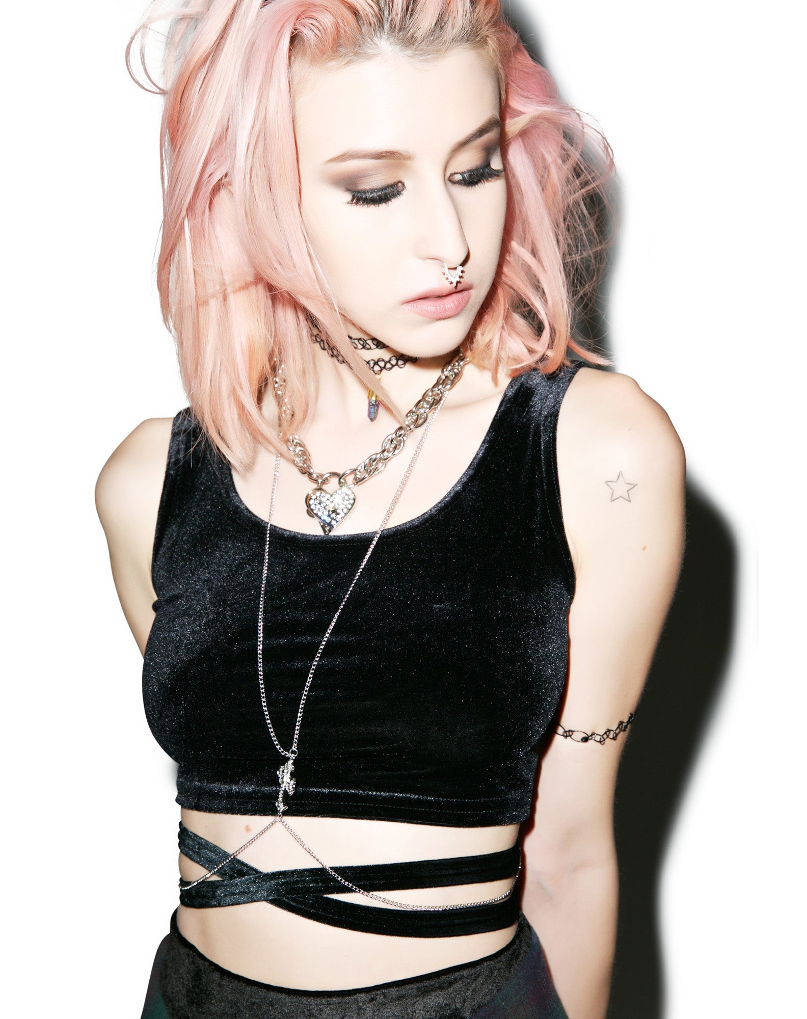 Velvet Double Cross Crop Top - Dark Gray